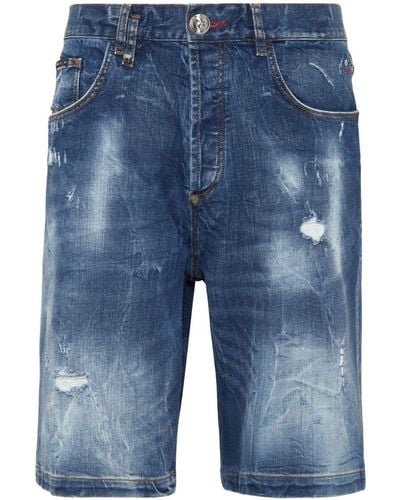 Philipp Plein Patch-detail Cotton Denim Shorts - Blue
