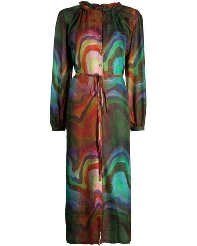 Raquel Allegra Wave Pattern Frilled-neckline Silk Dress - Multicolor