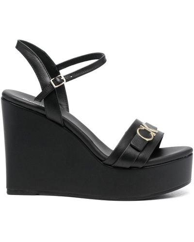 Calvin Klein Logo-lettering Platform Wedge Sandals - Black