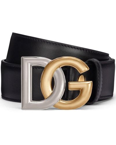 Dolce & Gabbana Calfskin Belt With Double-plated Dg Logo - Black