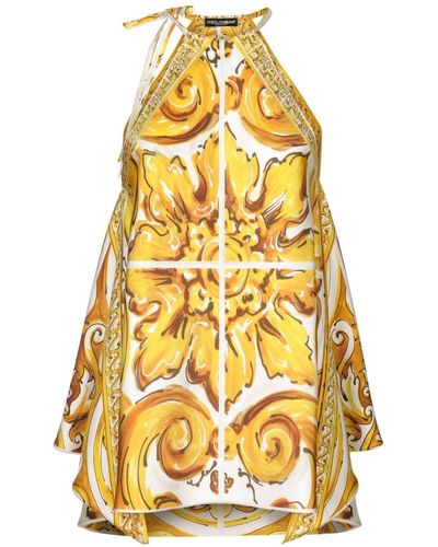 Dolce & Gabbana Majolica-print Halterneck Topy - Yellow