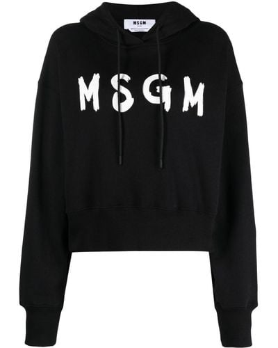 MSGM Logo-print Cropped Cotton Hoodie - Black