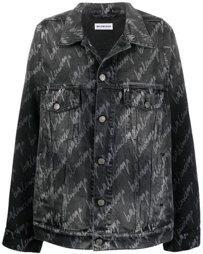 Balenciaga Veste en jean à logo imprimé - Noir