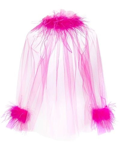 Styland Feather-embellished Sheer Tulle Top - Pink