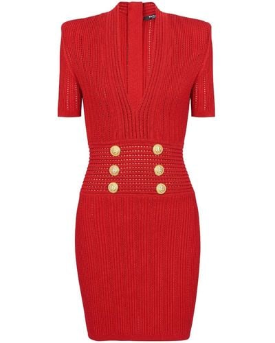 Balmain V-neck Knitted Dress - Red
