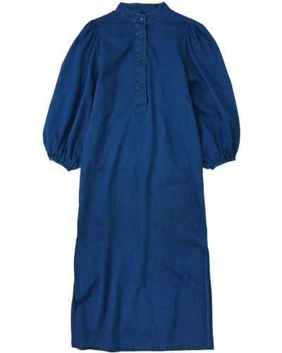 Closed Puff-sleeve Denim Dress - Blue