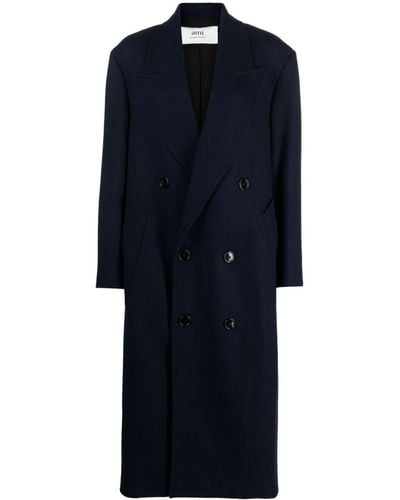 Ami Paris Double-breasted Long Overcoat - Blue