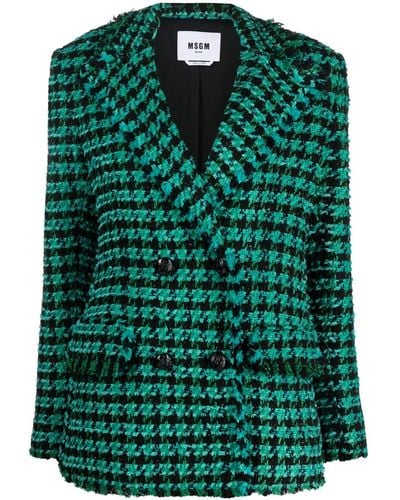 MSGM Tweed Houndstooth Double-breasted Jacket - Green