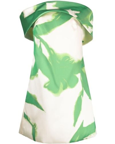Amsale Abstract-print Off-shoulder Minidress - Green