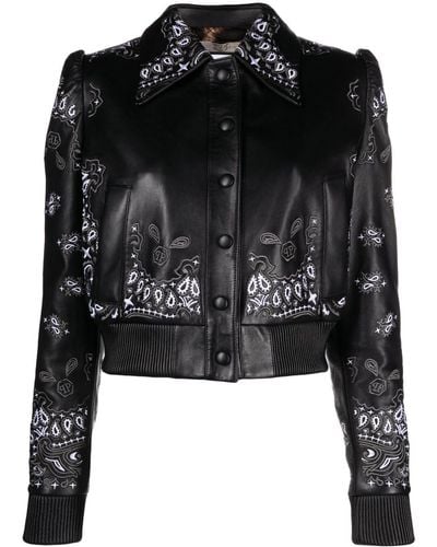 Philipp Plein Embroidered Leather Jacket - Black