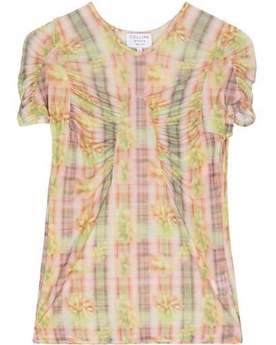 Collina Strada Ruched Checked Mesh Top - Green