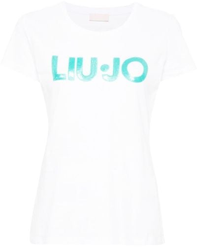 Liu Jo Sequinned-logo Cotton T-shirt - Blue