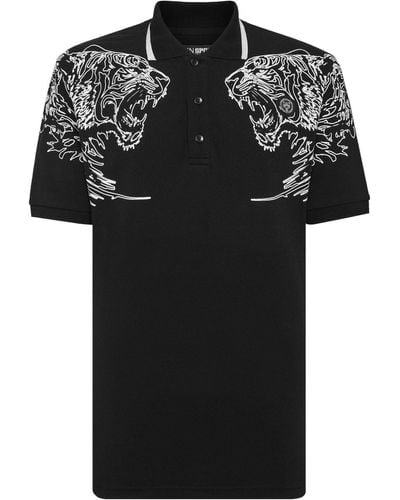 Philipp Plein Tiger-print Cotton Polo Shirt - Black