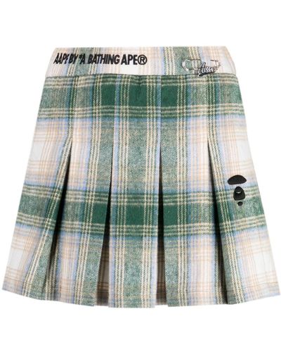 A Bathing Ape Logo-embroidered Chequered Pleated Skirt - Green