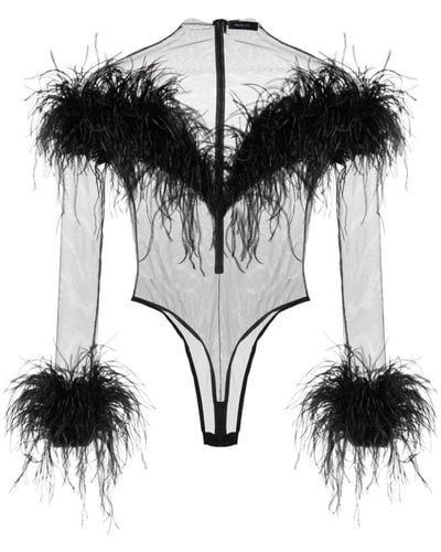 Mugler Feather-trim Mesh Bodysuit - Black