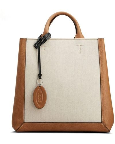 Tod's Double Up Shopping Bag In Leather And Canvas Small - Natural