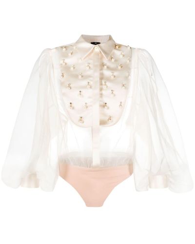 Elisabetta Franchi Faux-pearl Detail Organza Bodysuit - White