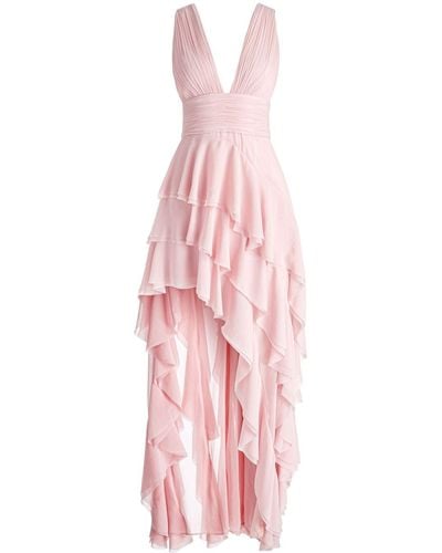 Alice + Olivia Holly Low Neck Asymmetric Ruffled Maxi Dress - Pink