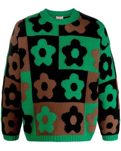 KENZO Floral-pattern Intarsia-knit Sweater - Green