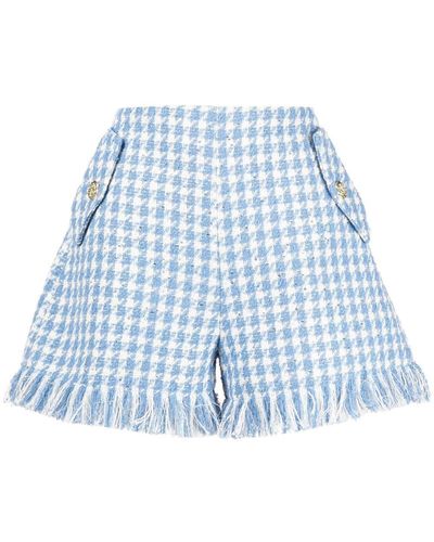 LEO LIN Tweed Fringed Shorts - Blue