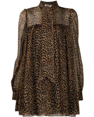 Saint Laurent Leopard-print Flared Dress - Brown