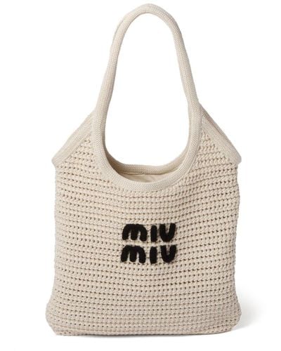 Miu Miu Logo-embroidered Interwoven Tote Bag - Natural