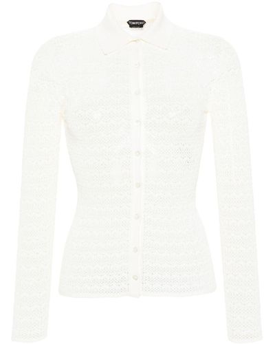 Tom Ford Cardigan en maille pointelle à col polo - Blanc