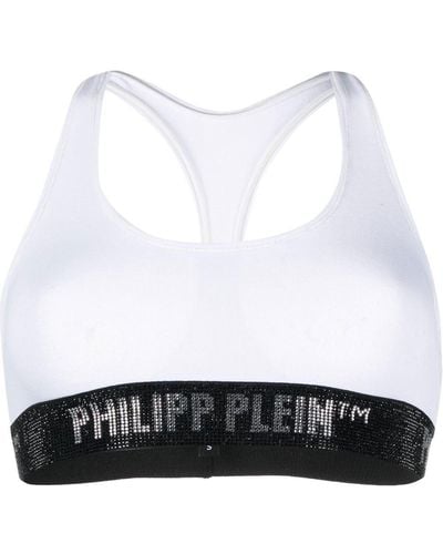 Philipp Plein Brassière de sport en coton à logo strassé - Blanc