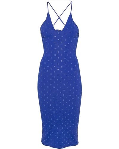 Elisabetta Franchi Rhinestone Embellished Logo Midi Ribbed Dress - Blue