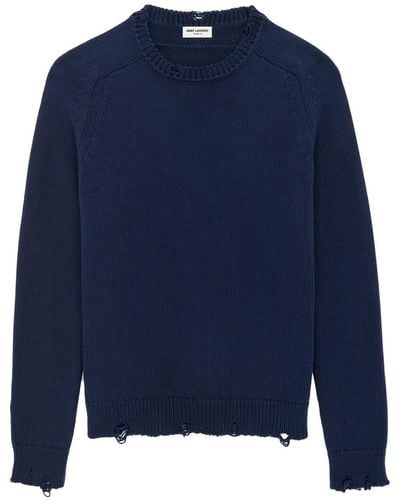 Saint Laurent Distressed-Effect Knit Cotton Jumper - Blue