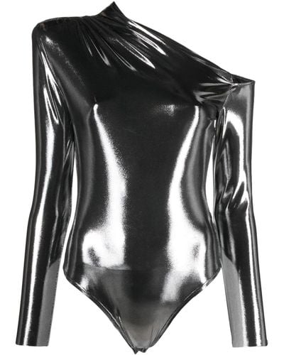 Nissa Lamé-effect Asymmetric Bodysuit - Black