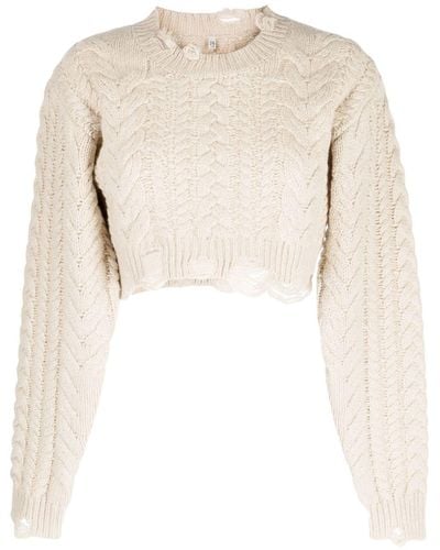 R13 Cropped-Pullover mit Zopfmuster - Natur