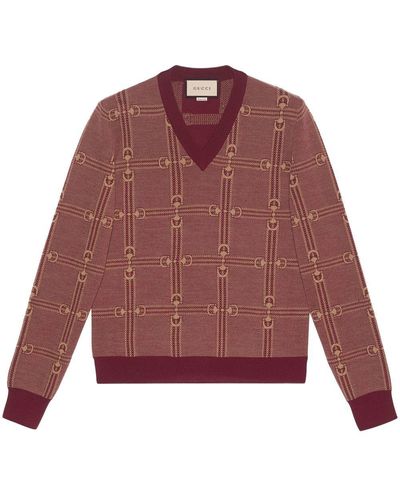 Gucci Horsebit Jacquard-knit V-neck Sweater - Red