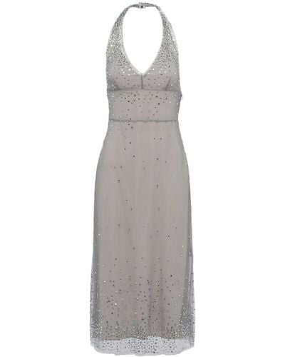 Prada Crystal-embroidered Halterneck Tulle Dress - Grey