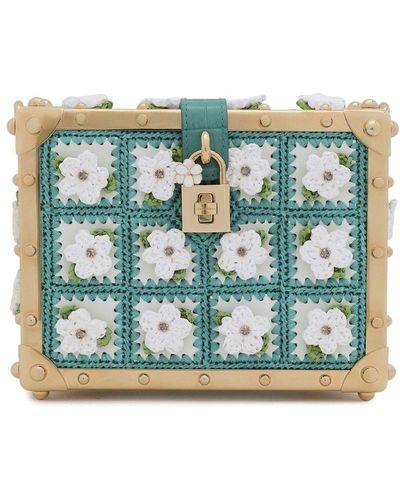 Dolce & Gabbana Calfskin Raffia Crochet Dolce Box Bag - Green