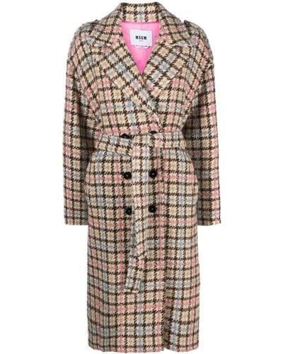 MSGM Belted Houndstooth Double-breasted Coat - White