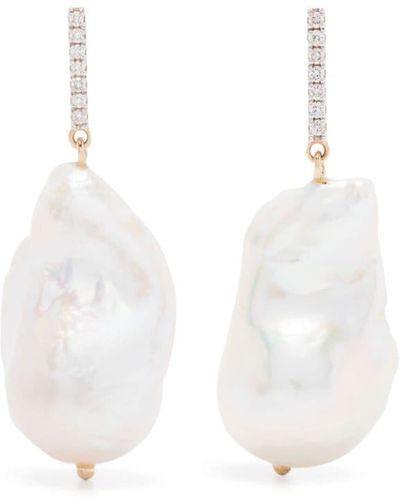 Mateo 14kt Yellow Gold Diamond Bar Baroque Pearl Earrings - White