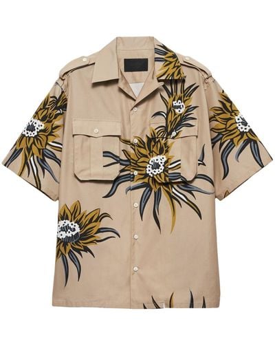 Prada Short-sleeve Floral-print Cotton Shirt - Natural