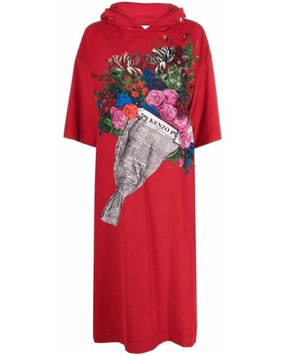 KENZO Floral-print Hoodie Dress - Red