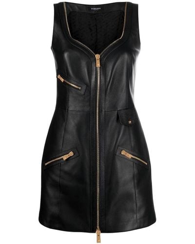 Versace Sweetheart-neckline Lambskin Mini Dress - Black