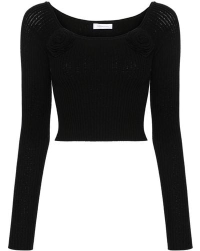 Blumarine Floral- Appliqué Cropped Sweater - Black