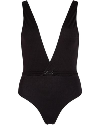 Karl Lagerfeld Metallic Deep V Swimsuit - Black