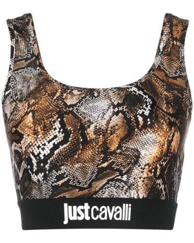 Just Cavalli Snakeskin-print Cropped Sports Bra - Grey