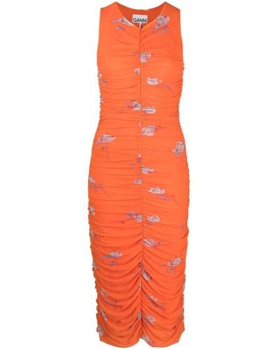 Ganni Rose-print Ruched Mesh Dress - Orange