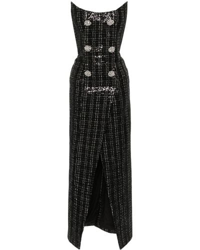 Balmain Strapless Embellished Sequined Metallic Tweed Gown - Black