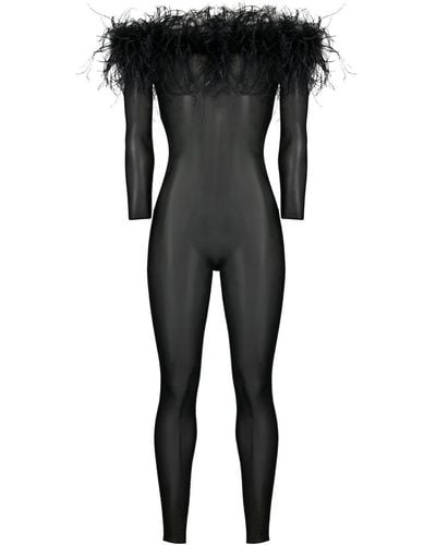 Oséree Feather-trim Stretch-jumpsuit - Black