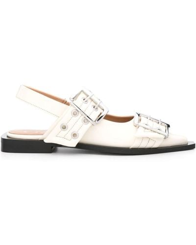 Ganni Egret Slingback Ballet Flat Shoe With Buckles - White