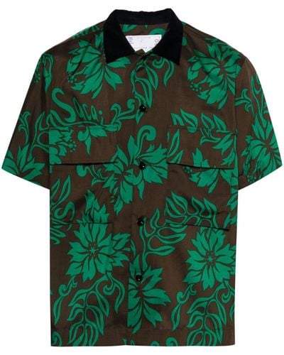 Sacai Floral-print Contrasting-collar Shirt - Green