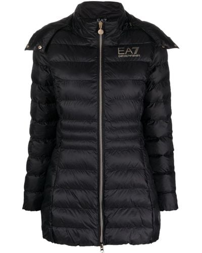 EA7 Logo-print Hooded Padded Coat - Black
