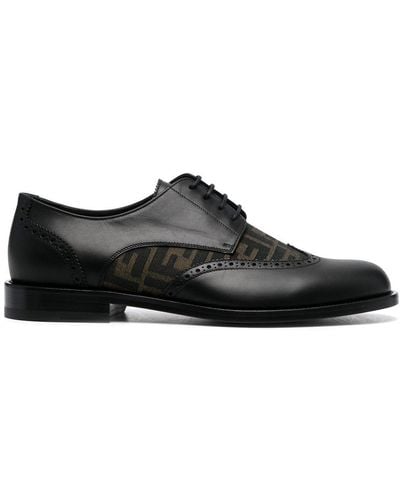 Fendi Ff- Pattern Leather Derby Shoes - Black